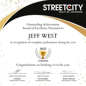Jeff West of StreetCity Realty's 2022 Real Estate Agent #1 in Sales Award for the StreetCity Brokerage