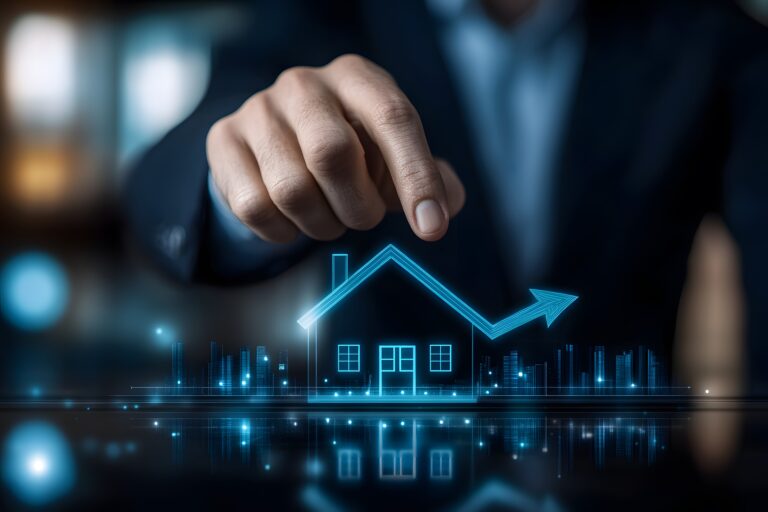 Real estate market analysis with digital graphs and house model, investment and financial concept